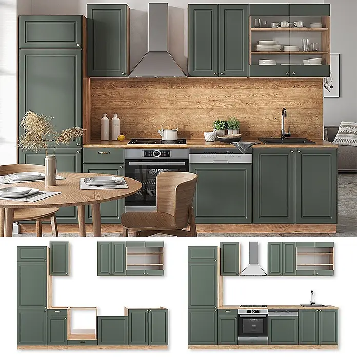 Vicco Küchenzeile Fame-Line, Grün-Gold Landhaus/Goldkraft Eiche, 300 cm -  - Dunkelgrüne modulare Küche mit Holz-Arbeitsplatten und -Rückwand, inklusive Ofen, Geschirrspüler, Spüle und Essbereich. Verschiedene Schrankkonfigurationen.