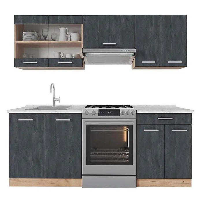 Vicco Küchenzeile R-Line, Schwarz Beton/Goldkraft Eiche, 200 cm -  - Komplette Küchenzeile mit dunkelgrauen strukturierten Schränken, hellen Holzdetails, weißer Arbeitsplatte, Silbergeräten, Spüle, Herd und Dunstabzugshaube.