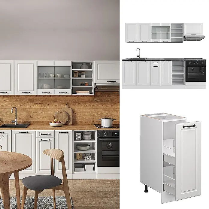 Vicco Küchenzeile R-Line Weiß Landhaus/Weiß, AP Anthrazit - Weiß Landhaus, Ohne Elektrogeräte