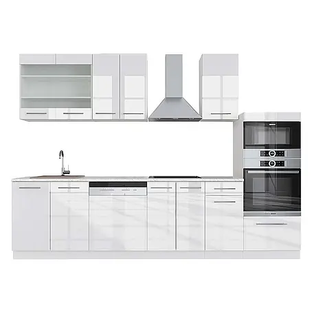 Vicco  Küchenzeile Fame-Line Weiß Hochglanz/Weiß mit Hochschrank, AP Marmor