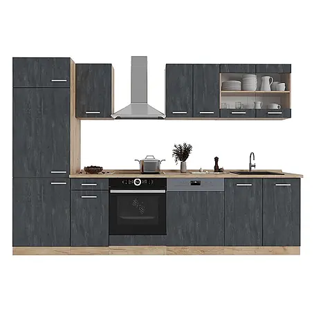 Vicco  Küchenzeile R-Line Schwarz Beton/Goldkraft Eiche AP Eiche
