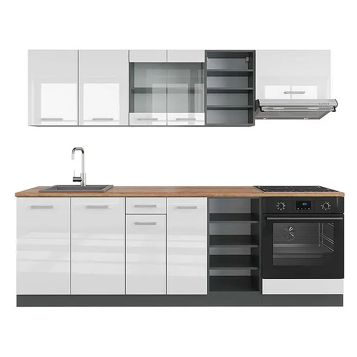 Vicco Küchenzeile R-Line, Weiß Hochglanz/Anthrazit, 240 cm -  - Moderne Modulküche mit hochglanzweißen Schränken, Holzarbeitsplatte, integrierter Spüle, Kochfeld, Backofen und Dunstabzugshaube.
