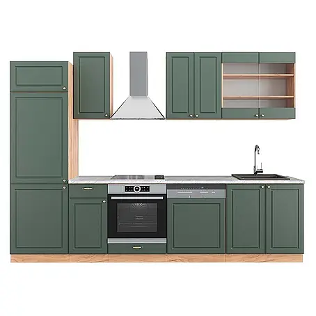 Vicco Küchenzeile Fame-Line, Grün-Gold Landhaus/Goldkraft Eiche, 300 cm