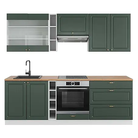 Vicco Küchenzeile Fame-Line, Grün-Gold Landhaus/Weiß, 235 cm