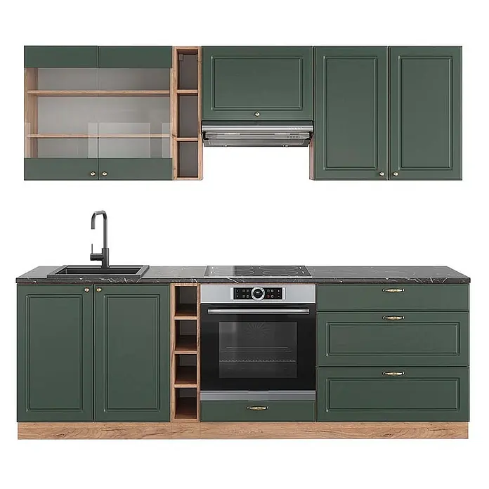 Vicco Küchenzeile Fame-Line, Grün-Gold Landhaus/Goldkraft Eiche, 235 cm -  - Dunkelgrüne Küchenzeile mit Einbaugeräten, schwarzem Spülbecken, Holzdetails und dunklen Arbeitsplatten.