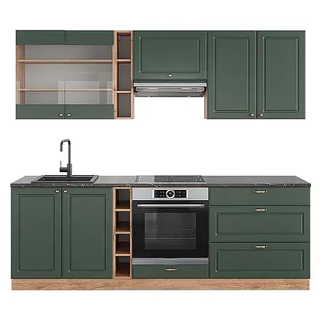 Vicco Küchenzeile Fame-Line, Grün-Gold Landhaus/Goldkraft Eiche, 235 cm