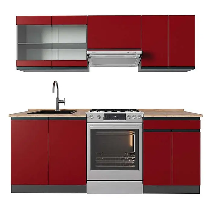 Küchenzeile R-Line 200 cm Rot Art.-Nr. 43129 -  - Moderne rote Küchenzeile mit Holzdekor-Arbeitsplatte, Edelstahlherd, Spüle und Dunstabzugshaube.