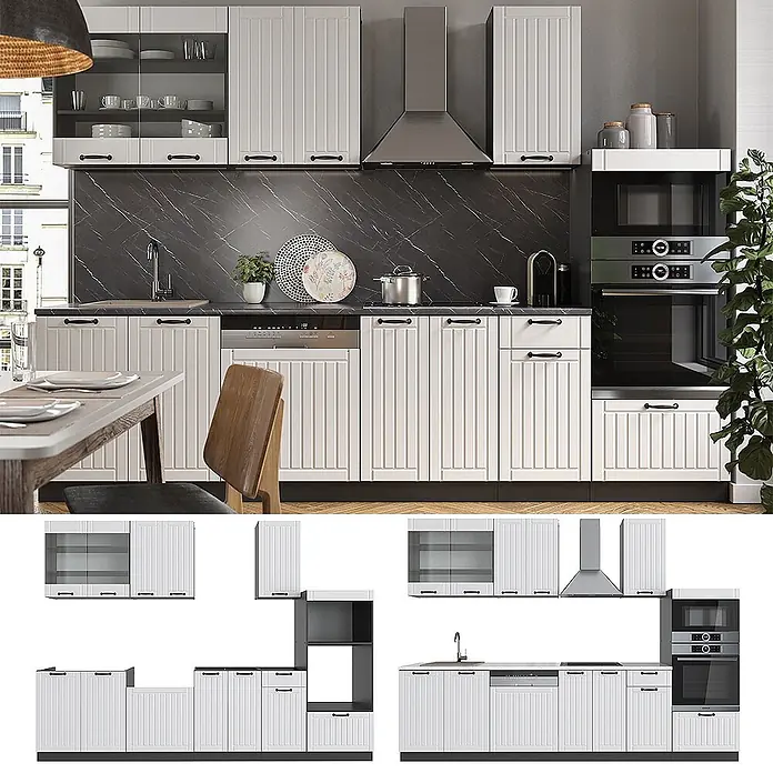 Vicco Küchenzeile Fame-Line Weiß Landhaus/Anthrazit mit Hochschrank, AP Marmor - Weiß Landhaus, Ohne Elektrogeräte