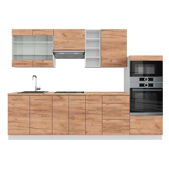 Küchenzeile Fame-Line 280 cm Goldkraft Eiche Art.-Nr. 42366 -  - Moderne Küchenzeile in hellem Holz mit weißen Akzenten, inklusive Backofen, Mikrowelle, Kochfeld, Dunstabzug und Spüle.
