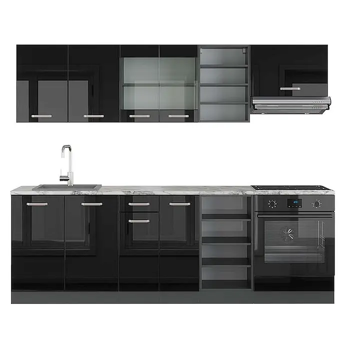 Vicco Küchenzeile R-Line, Schwarz Hochglanz/Anthrazit, 240 cm -  - Schwarze Hochglanz-Küchenzeile mit Arbeitsplatte in Marmoroptik, integrierter Spüle, Kochfeld und Backofen. Oberschränke mit Glaseinsätzen und Dunstabzugshaube.