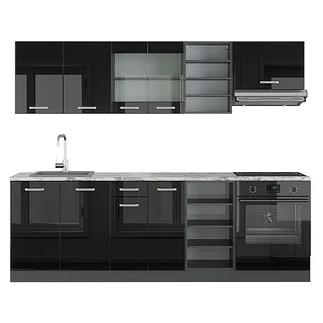 Vicco  Küchenzeile R-Line Schwarz Hochglanz/Anthrazit, AP Marmor