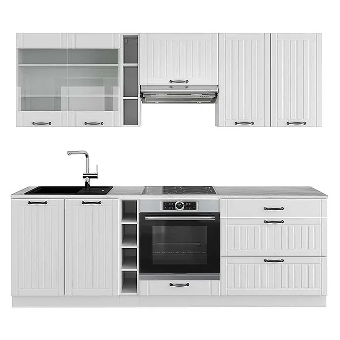 Vicco Küchenzeile Fame-Line Weiß Landhaus/Weiß, AP Marmor - Weiß Landhaus, Ohne Elektrogeräte