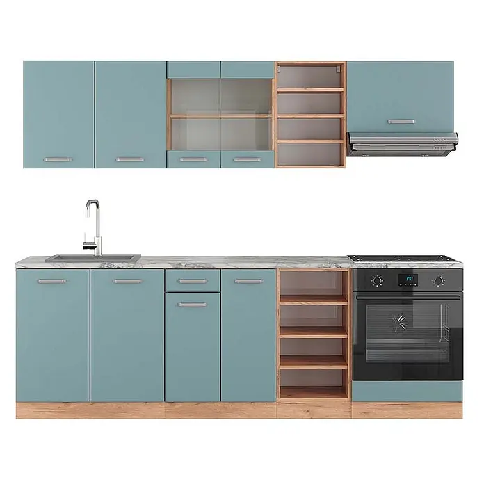 Vicco Küchenzeile R-Line Blau-Grau/Goldkraft Eiche, AP Marmor - Blau-Grau, Ohne Elektrogeräte