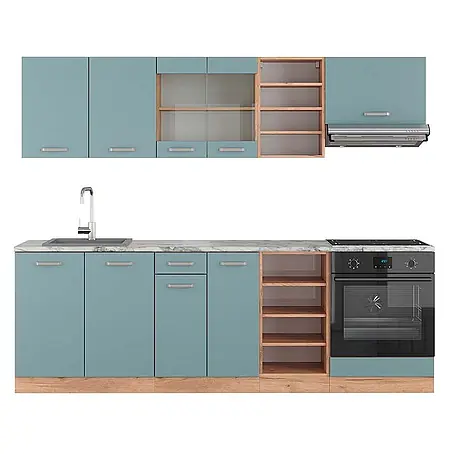 Vicco  Küchenzeile R-Line Blau-Grau/Goldkraft Eiche, AP Marmor