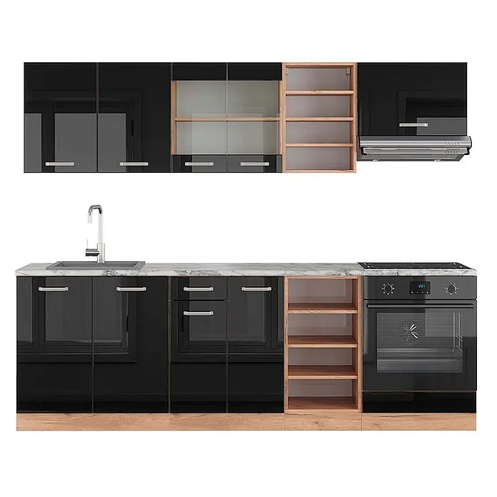 Vicco Küchenzeile R-Line, Schwarz Hochglanz/Goldkraft Eiche, 240 cm -  - Schwarze Hochglanz-Küchenzeile mit hellen Holzdetails, Arbeitsplatte in Marmoroptik, Spüle, Kochfeld, Backofen und Dunstabzugshaube.