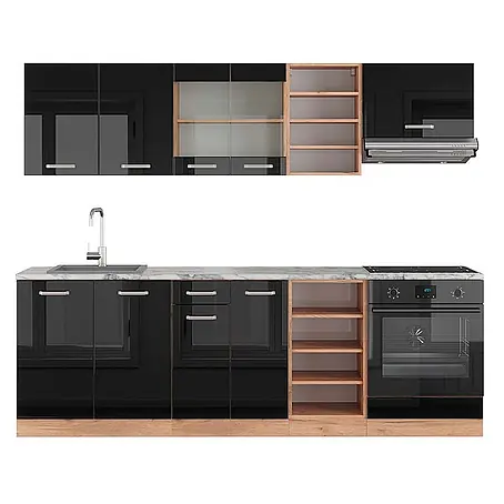 Vicco  Küchenzeile R-Line Schwarz Hochglanz/Goldkraft Eiche, AP Marmor