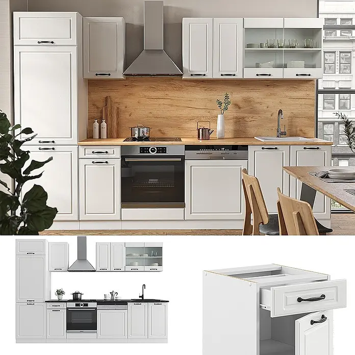 Vicco Küchenzeile R-Line Weiß Landhaus/Weiß, AP Marmor - Weiß Landhaus, Ohne Elektrogeräte