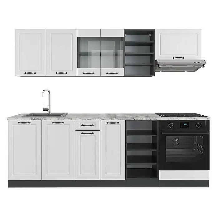 Vicco Küchenzeile R-Line Weiß Landhaus/Anthrazit, AP Marmor - Weiß Landhaus, Ohne Elektrogeräte