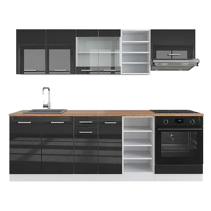 Vicco Küchenzeile R-Line, Anthrazit Hochglanz/Weiß, 240 cm -  - Moderne schwarze Küchenzeile mit glänzenden Schränken, Holzplatte, Spüle, Kochfeld, Backofen und weißen offenen Regalen.