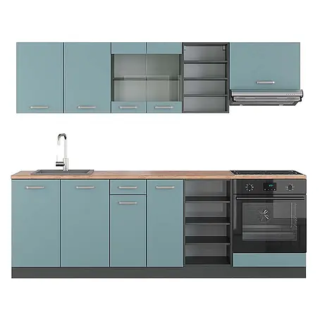 Vicco  Küchenzeile R-Line Blau-Grau/Anthrazit, AP Eiche