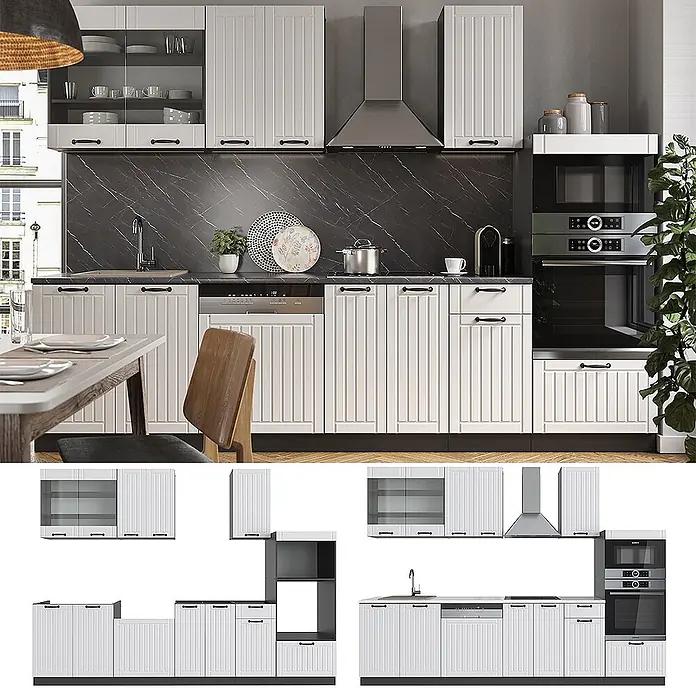 Vicco Küchenzeile Fame-Line Weiß Landhaus/Anthrazit mit Hochschrank, AP Anthrazit - Weiß Landhaus, Ohne Elektrogeräte
