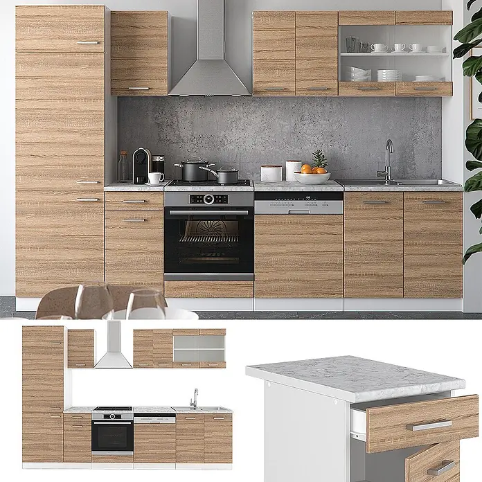 Vicco Küchenzeile R-Line, Sonoma/Weiß, 300 cm -  - Moderne Küchenzeile mit hellen Holzmaserungsschränken, weißer Marmor-Arbeitsplatte, integriertem Backofen, Geschirrspüler und Spüle. Inkl. Hochschrank und Glas-Oberschränken.