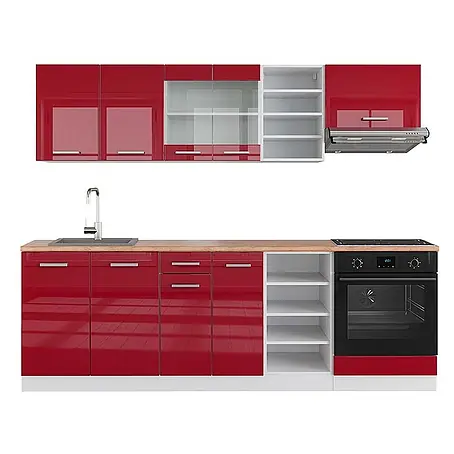 Vicco  Küchenzeile R-Line Rot Hochglanz/Weiß, AP Eiche