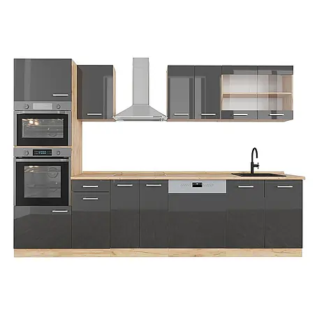 Vicco  Küchenzeile R-Line Anthrazit Hochglanz/Goldkraft Eiche mit Hochschrank, AP Eiche