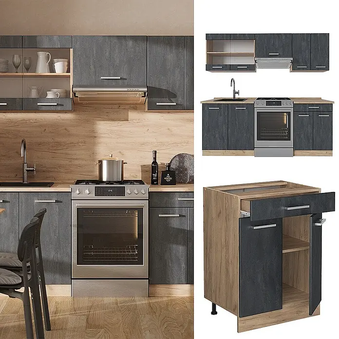 Vicco Küchenzeile R-Line Schwarz Beton/Goldkraft Eiche ohne Arbeitsplatte - Schwarz Beton, Ohne Elektrogeräte