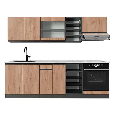 Vicco  Küchenzeile R-Line Goldkraft Eiche/Anthrazit J-Shape, AP Marmor