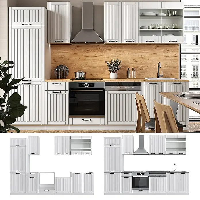Vicco Küchenzeile Fame-Line Weiß Landhaus/Weiß, AP Eiche - Weiß Landhaus, Ohne Elektrogeräte