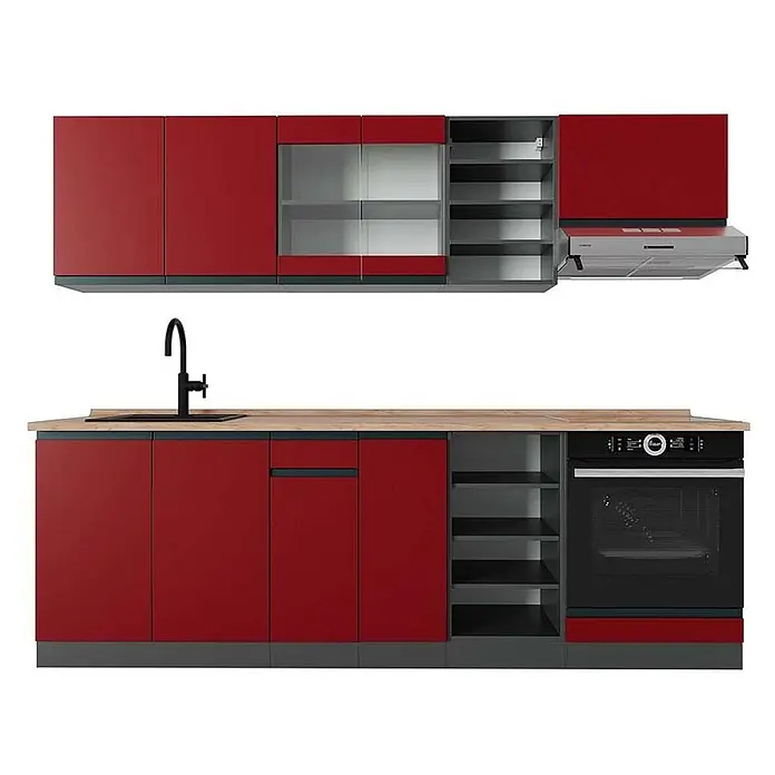 Vicco Küchenzeile R-Line Rot/Anthrazit J-Shape, AP Eiche - Rot, Ohne Elektrogeräte