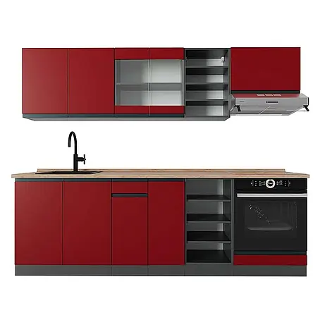Vicco  Küchenzeile R-Line Rot/Anthrazit J-Shape, AP Eiche