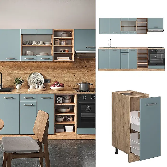 Vicco Küchenzeile R-Line Blau-Grau/Goldkraft Eiche, AP Eiche - Blau-Grau, Ohne Elektrogeräte