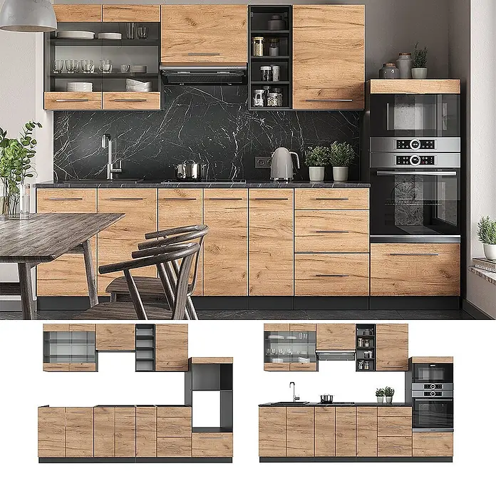 Küchenzeile Fame-Line 280 cm Goldkraft Eiche Art.-Nr. 42674 -  - Moderne Küchenzeile mit Holzoptik-Fronten, dunkelgrauen Akzenten, integriertem Backofen und Mikrowelle.