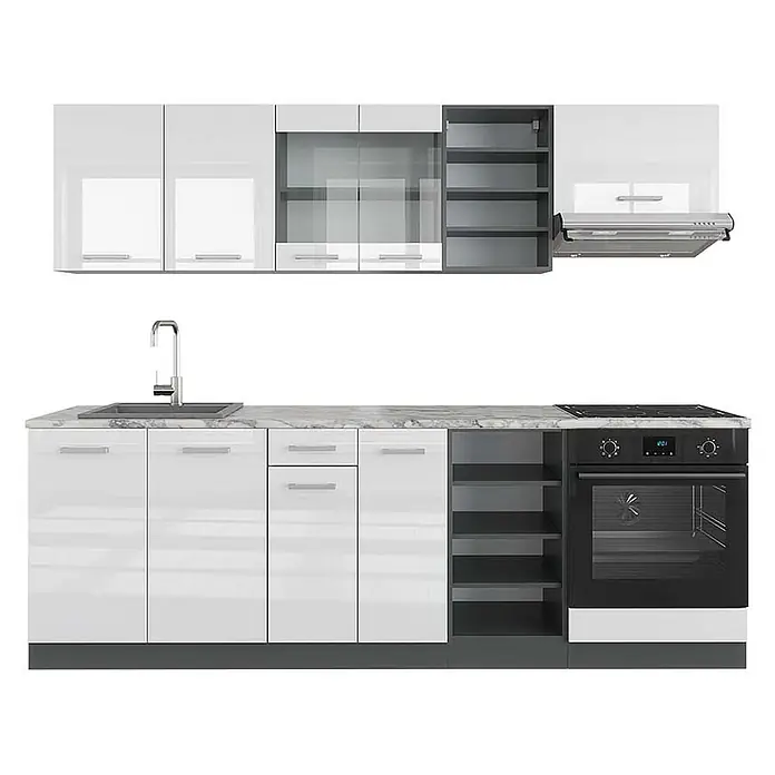 Vicco Küchenzeile R-Line Weiß Hochglanz/Anthrazit, AP Marmor - Weiß Hochglanz, Ohne Elektrogeräte
