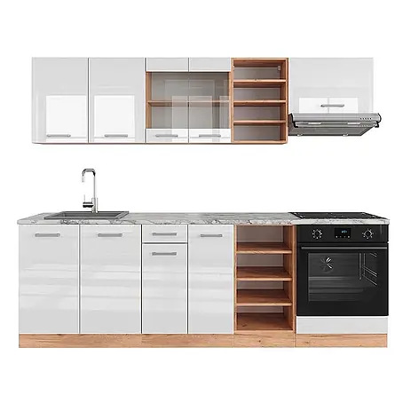 Vicco  Küchenzeile R-Line Weiß Hochglanz/Goldkraft Eiche, AP Marmor