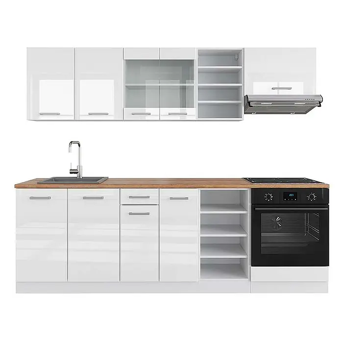 Vicco Küchenzeile R-Line, Weiß Hochglanz/Weiß, 240 cm -  - Weiße Hochglanz-Küchenzeile mit Holz-Arbeitsplatte, Spüle, Kochfeld, Backofen und Dunstabzugshaube.