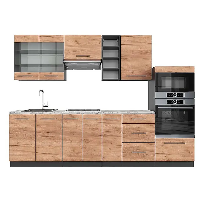 Küchenzeile Fame-Line 280 cm Goldkraft Eiche Art.-Nr. 42675 -  - Moderne Küchenzeile mit hellen Holz-Effekt-Schränken, Marmor-Optik-Arbeitsplatte, integrierter Spüle, Kochfeld, Dunstabzugshaube, Mikrowelle und Ofen.