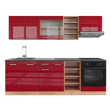 Vicco  Küchenzeile R-Line Rot Hochglanz/Goldkraft Eiche, AP Anthrazit