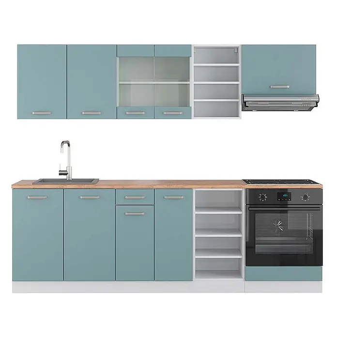 Vicco Küchenzeile R-Line Blau-Grau/Weiß, AP Eiche - Blau-Grau, Ohne Elektrogeräte