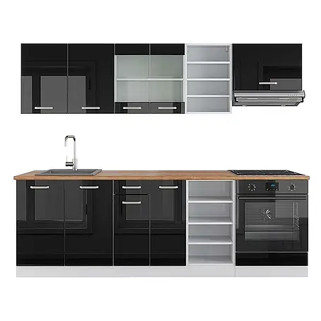 Vicco  Küchenzeile R-Line Schwarz Hochglanz/Weiß, AP Eiche