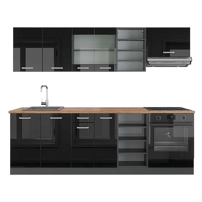 Vicco Küchenzeile R-Line Schwarz Hochglanz/Anthrazit, AP Eiche - Schwarz Hochglanz, Ohne Elektrogeräte