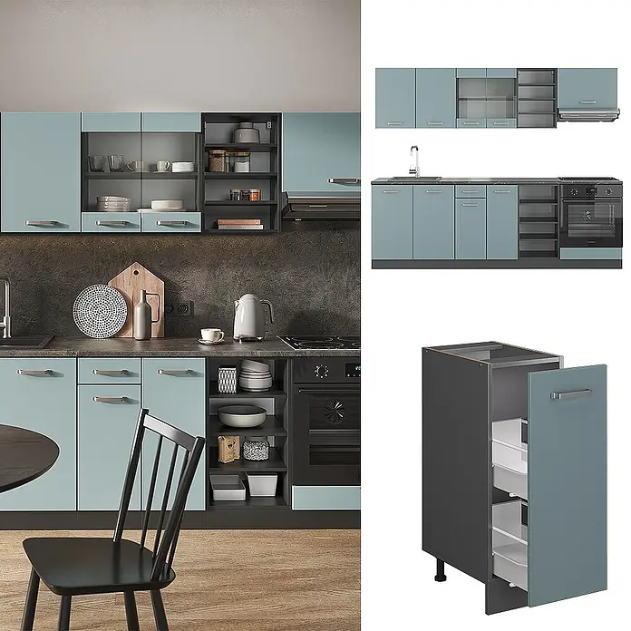 Vicco Küchenzeile R-Line Blau-Grau/Anthrazit, AP Marmor - Blau-Grau, Ohne Elektrogeräte