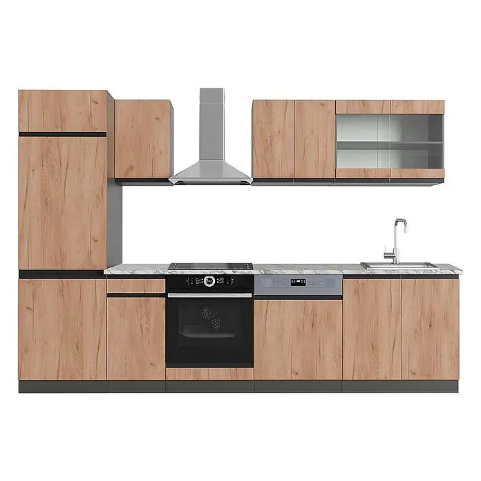Küchenzeile R-Line 300 cm Goldkraft Eiche Art.-Nr. 42960 -  - Moderne Küche mit hellen Holzschränken, schwarzen Akzenten, Marmor-Arbeitsplatte und integrierten Geräten.