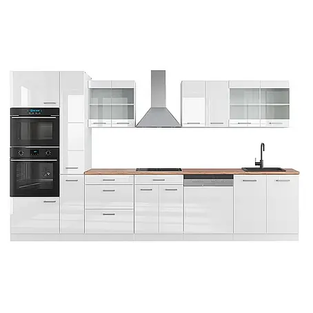 Vicco  Küchenzeile R-Line Weiß Hochglanz/Weiß mit Hochschrank, AP Eiche