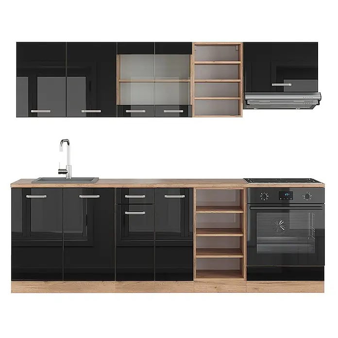 Vicco Küchenzeile R-Line Schwarz Hochglanz/Goldkraft Eiche, AP Eiche - Schwarz Hochglanz, Ohne Elektrogeräte