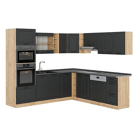 Vicco  Eckküche R-Line Anthrazit Landhaus/Goldkraft Eiche ohne Arbeitsplatte