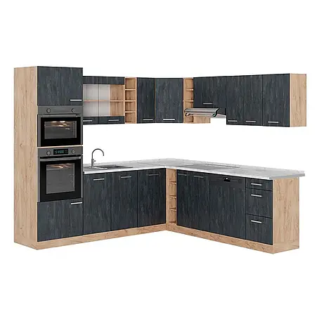Vicco  Eckküche R-Line Schwarz Beton/Goldkraft Eiche AP Marmor