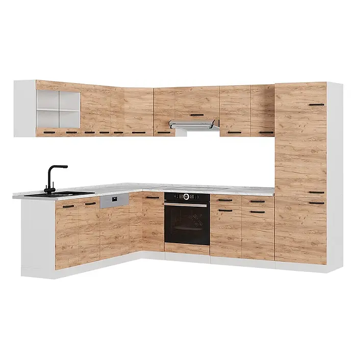 Vicco Eckküche R-Line Goldkraft Eiche/Weiß AP Marmor - Goldkraft Eiche, Ohne Elektrogeräte